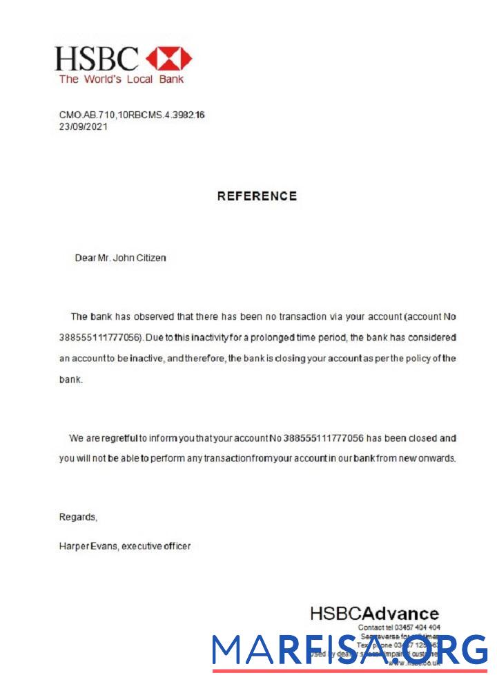 Printable United Kingdom HSBC closure reference real example